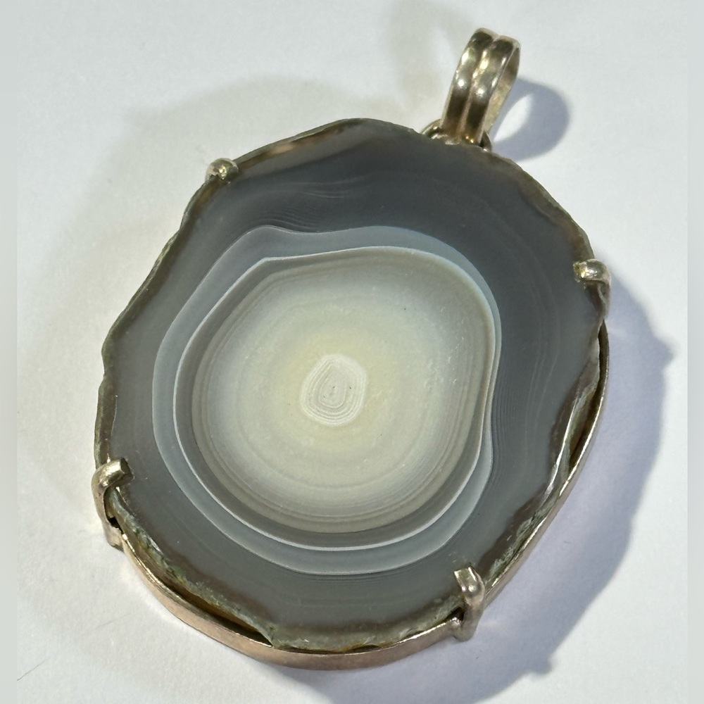 925 Sterling Silver Huge Chunky Gray Agate Stone Pendant Fairycore Hippy Boho